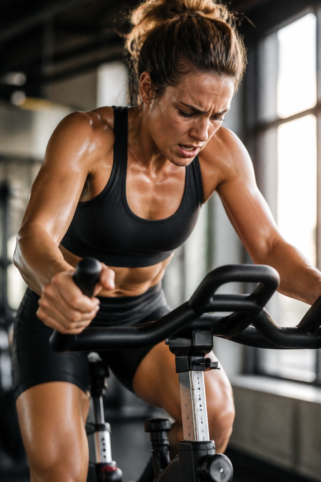 Person performing Tabata on stationary bike in gym