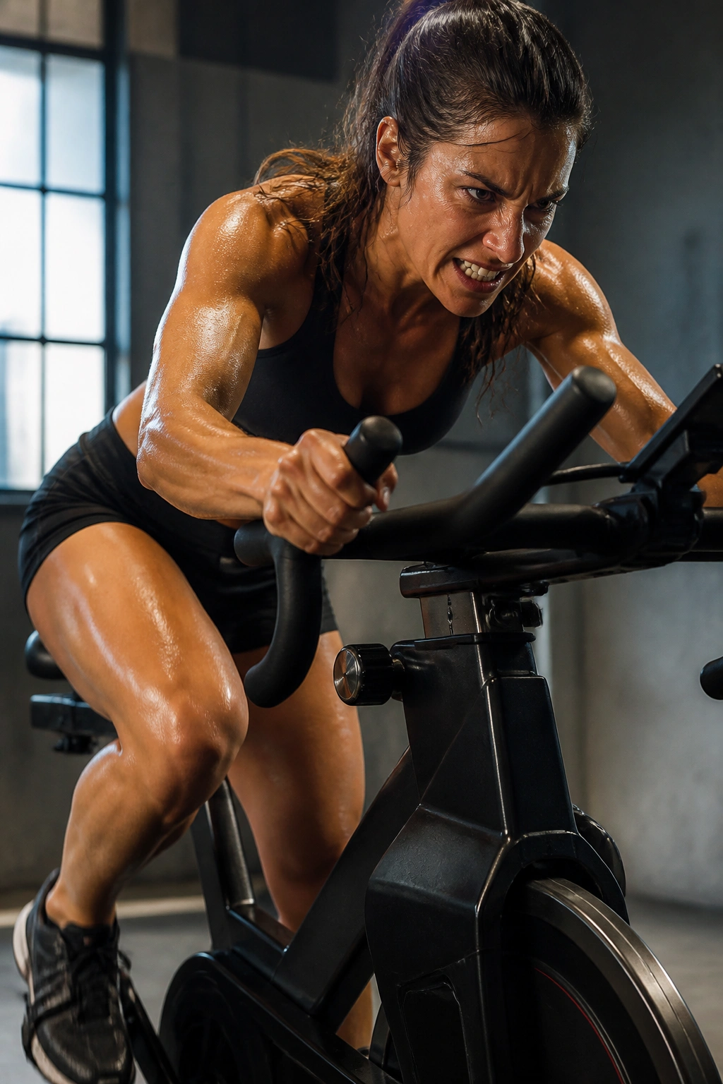 Rider on stationary bike performing Tabata-style all-out sprints in a gym