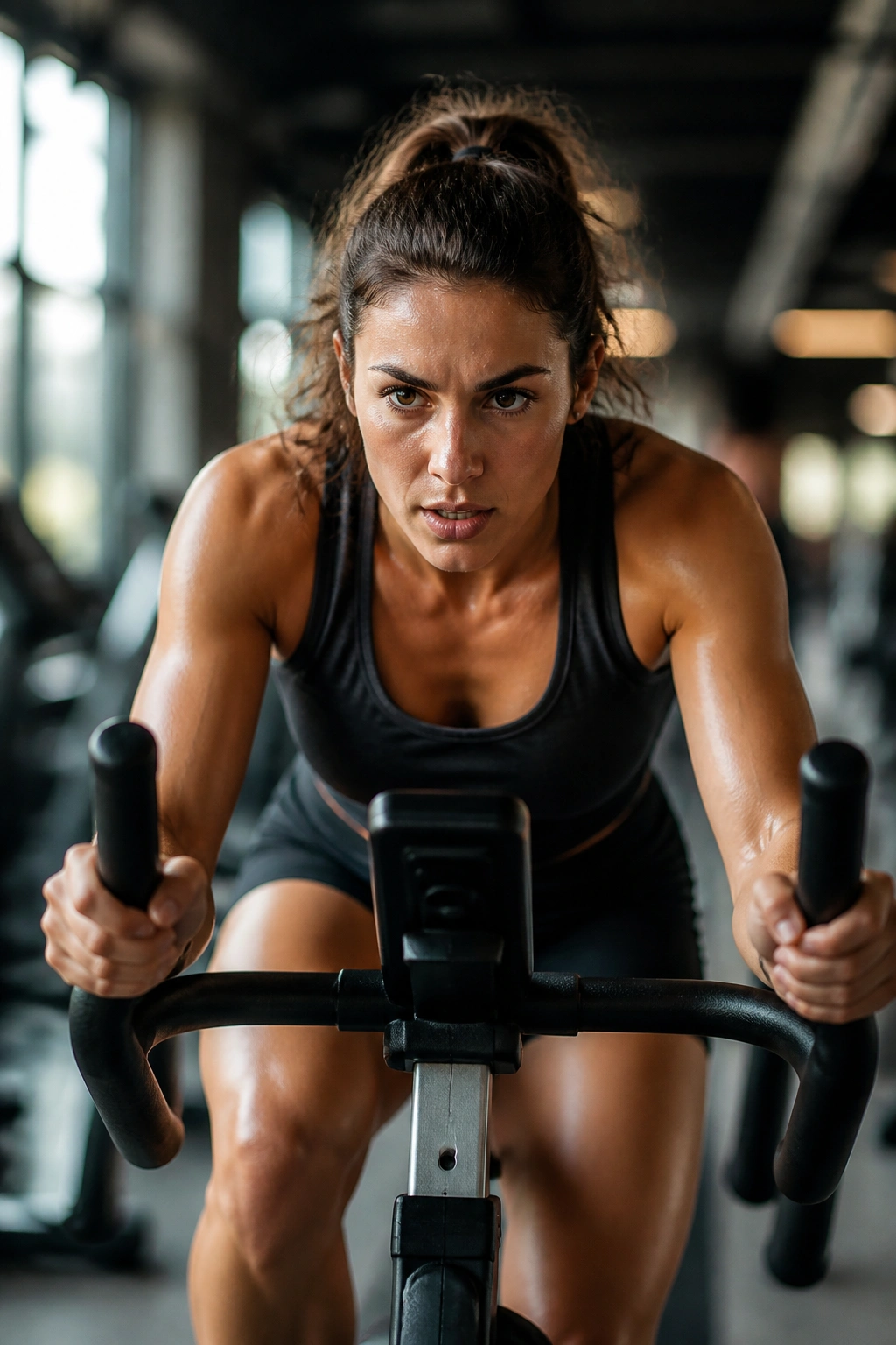 Medium close-up of a person cycling on a stationary bike during Tabata-style interval workout in a gym
