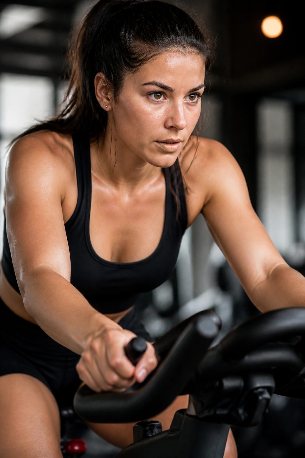 Portrait of a person cycling on a stationary bike inside a gym.