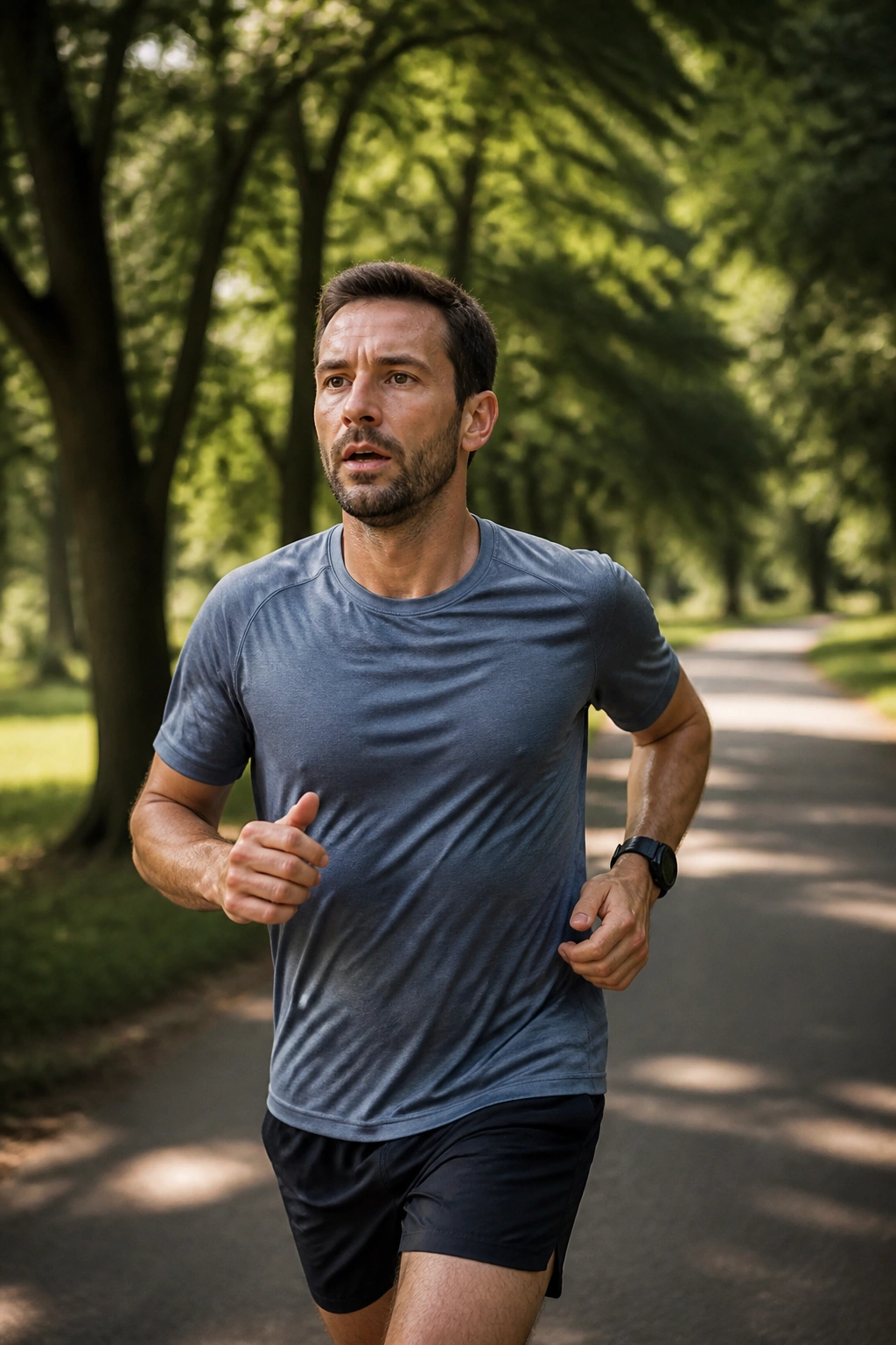 Runner maintaining steady aerobic pace on park loop
