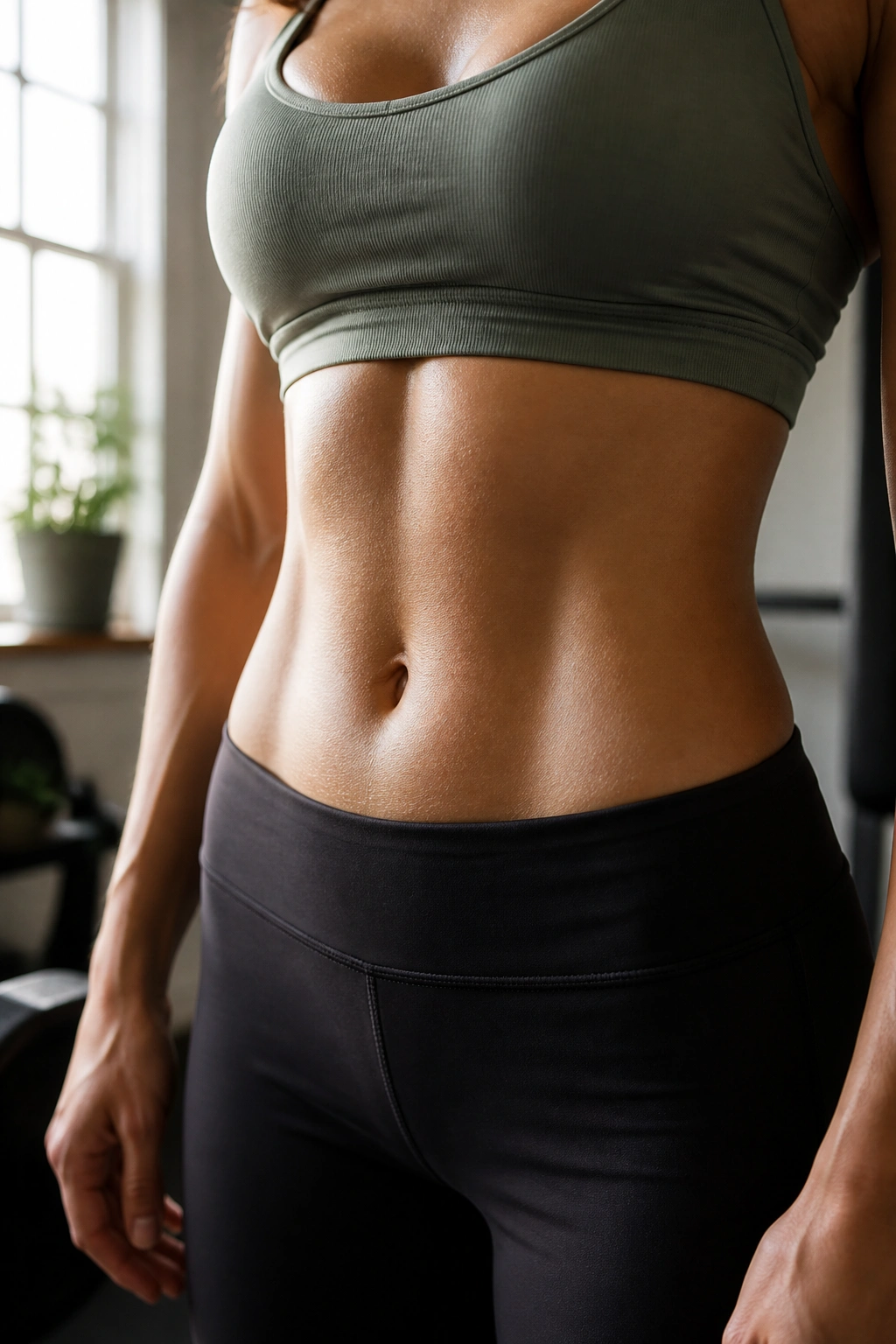Steady body composition torso close-up with lean waist in natural light