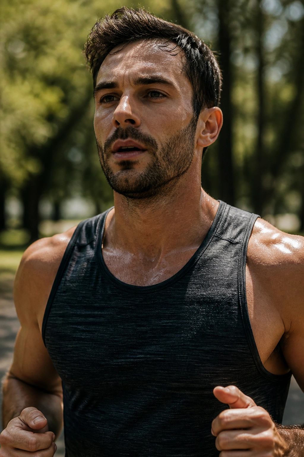 Close-up of a fit adult performing steady-state cardio in a sunlit park