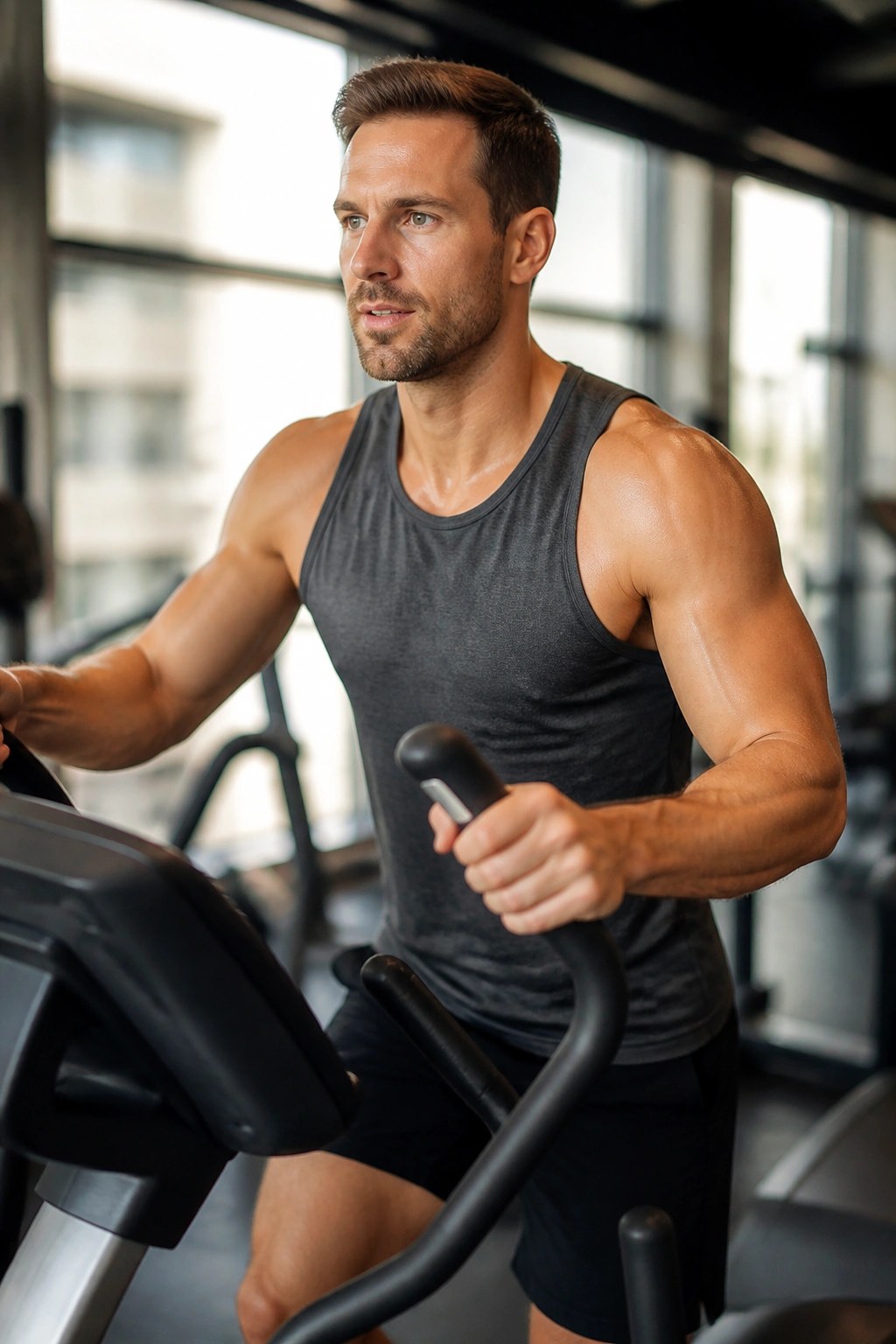 Person on elliptical maintaining steady aerobic pace in gym for fat loss