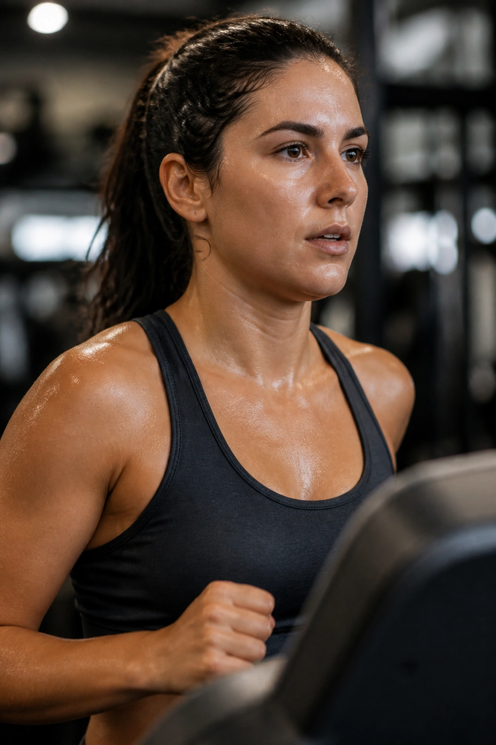 Person on treadmill maintaining a steady pace with a focused expression