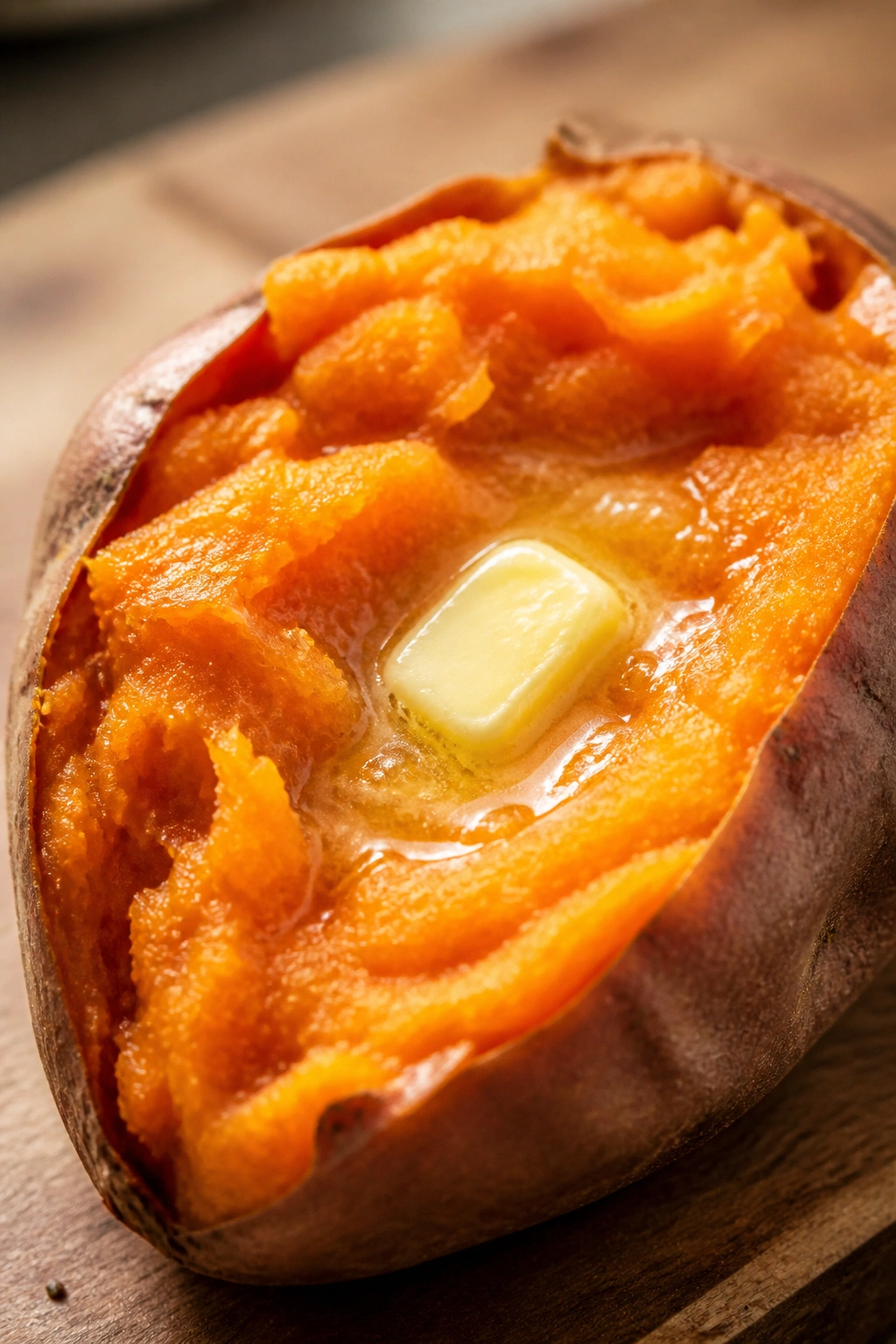 Close-up of steamed sweet potato half in a warm kitchen setting
