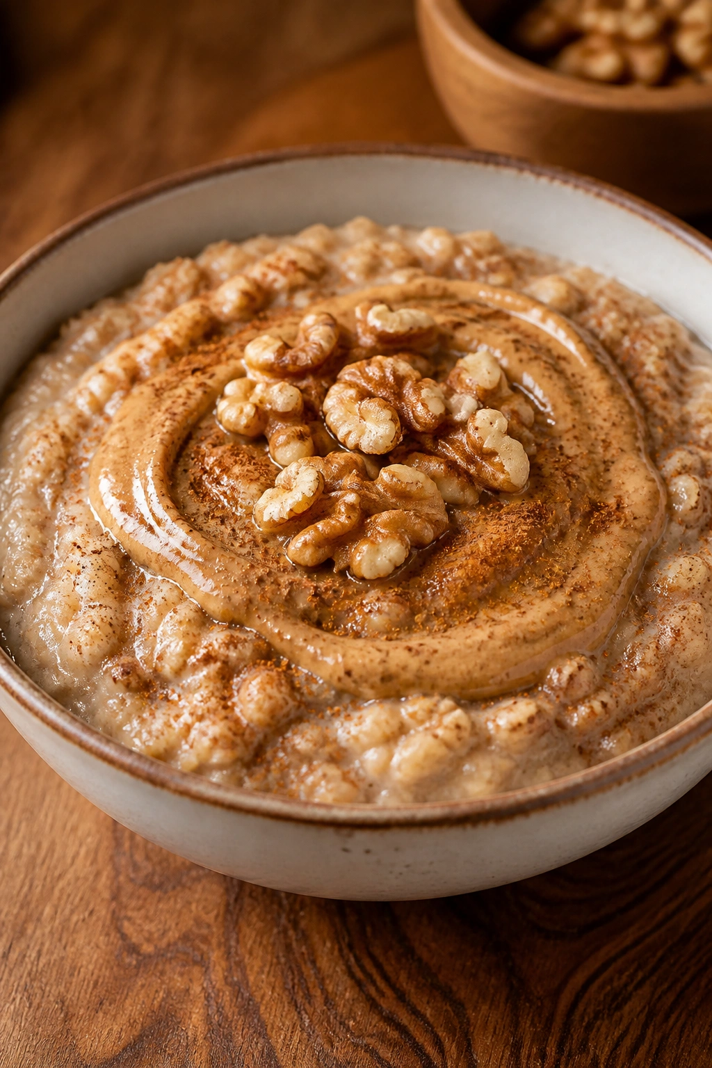 Oats with cinnamon and nut butter in a bowl