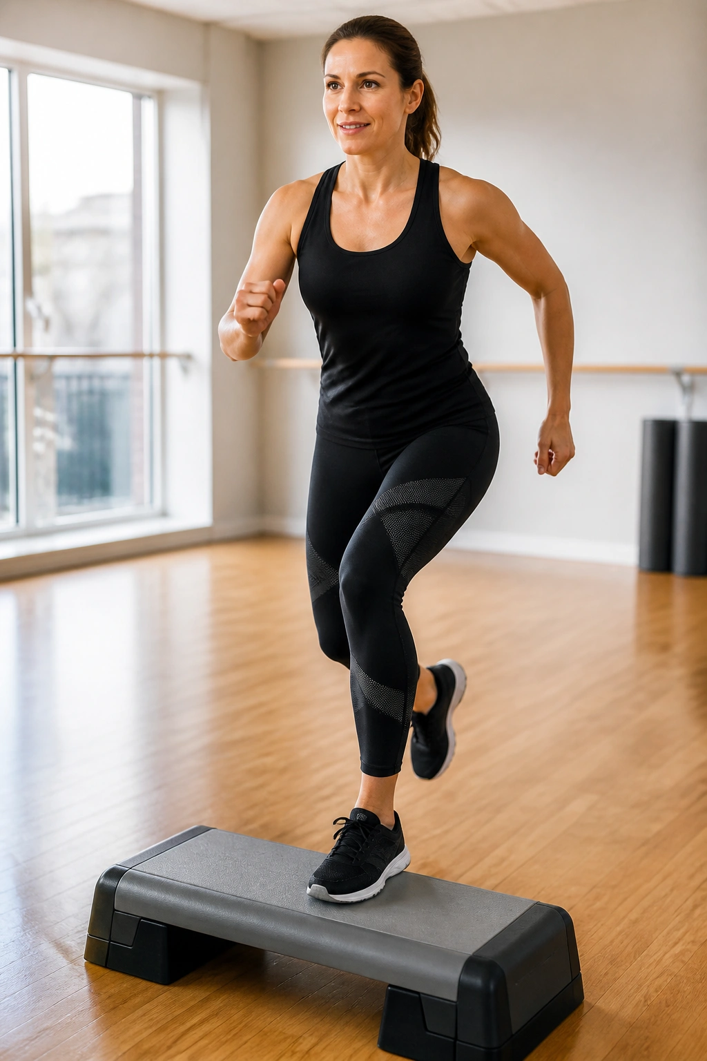 Real person performing step aerobics on a low step in a bright studio