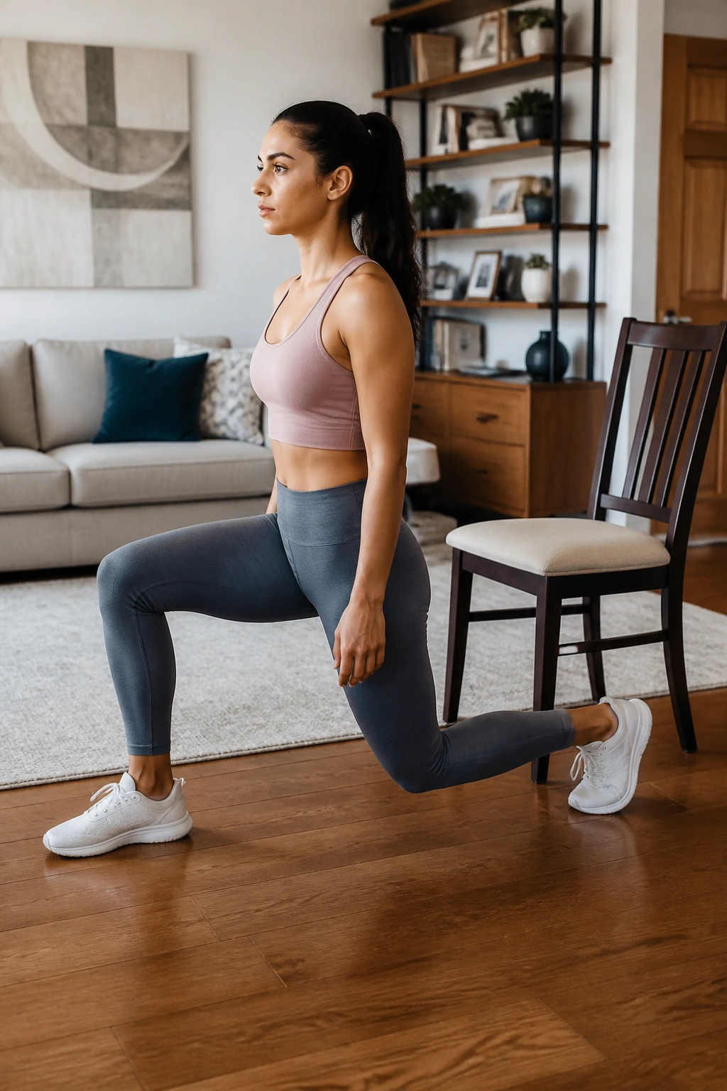 Person performing a step-back lunge indoors with proper knee alignment