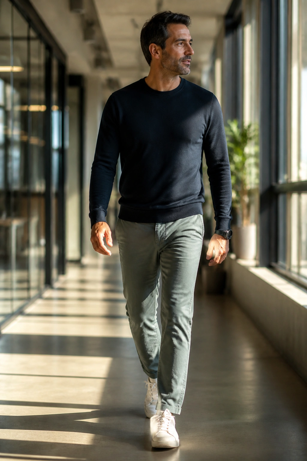 Medium close-up of a person walking in a sunlit office corridor, desk-step reset concept