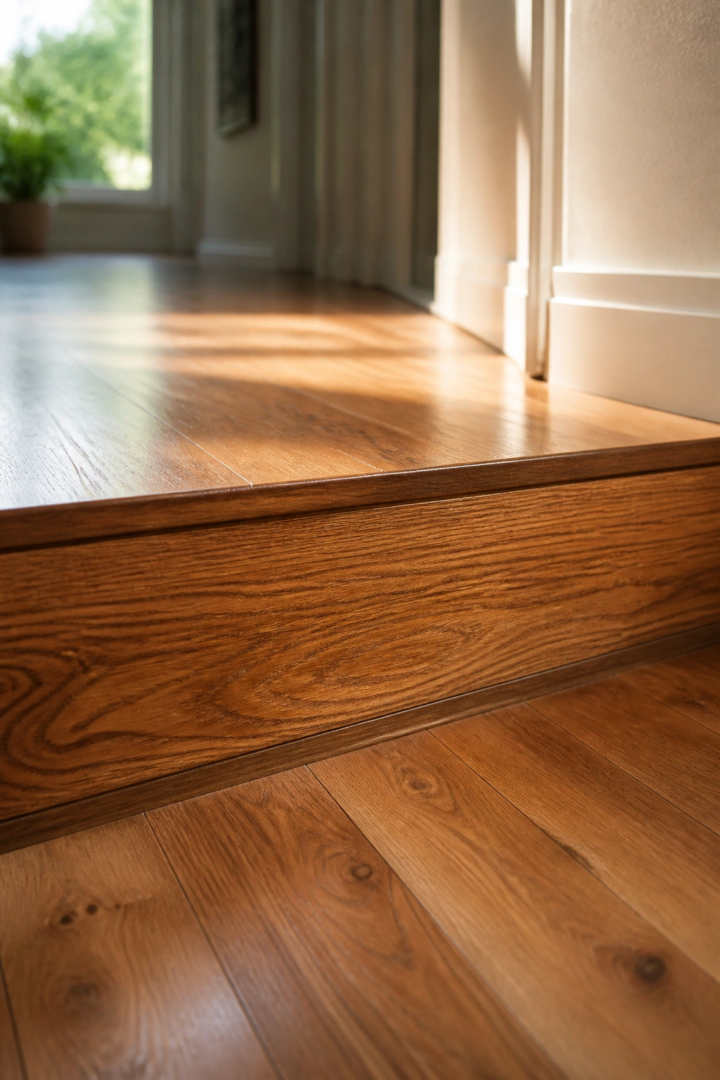 Close-up of a wooden step built into hallway floor with warm light