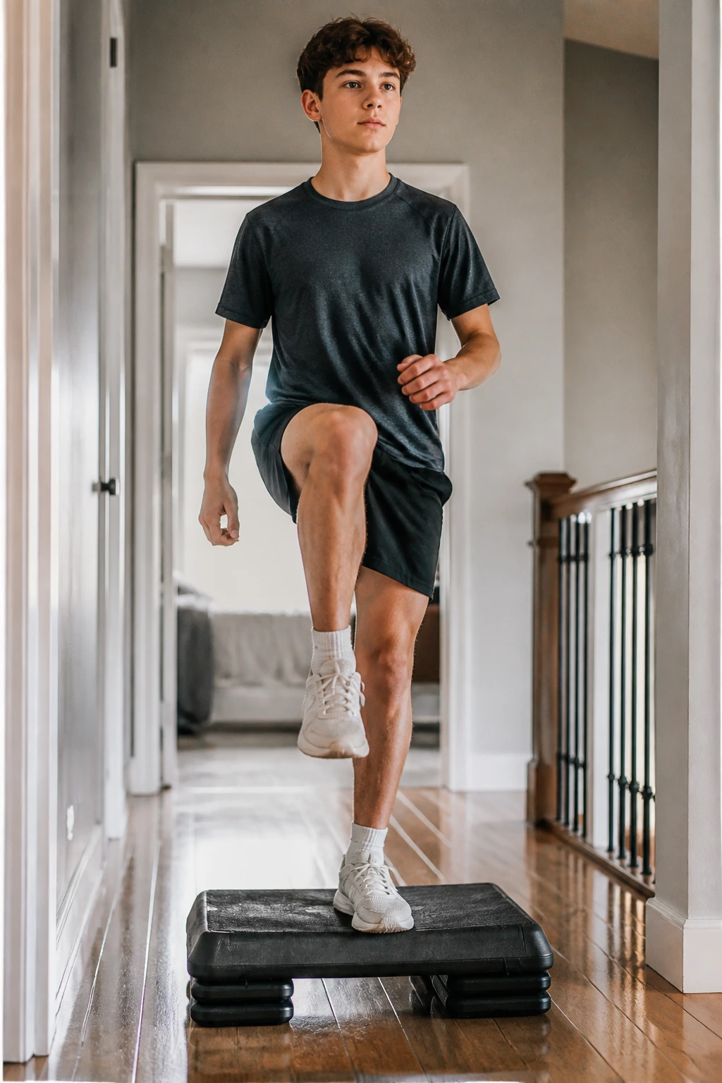 Teen performing step-up balance exercise on a step in a hallway