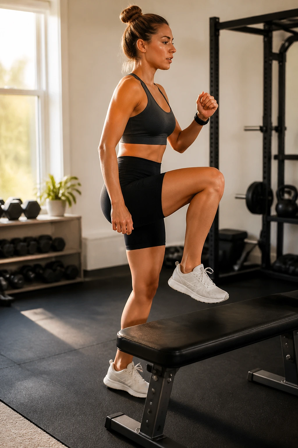 Side view of a person stepping up onto a bench in a home gym