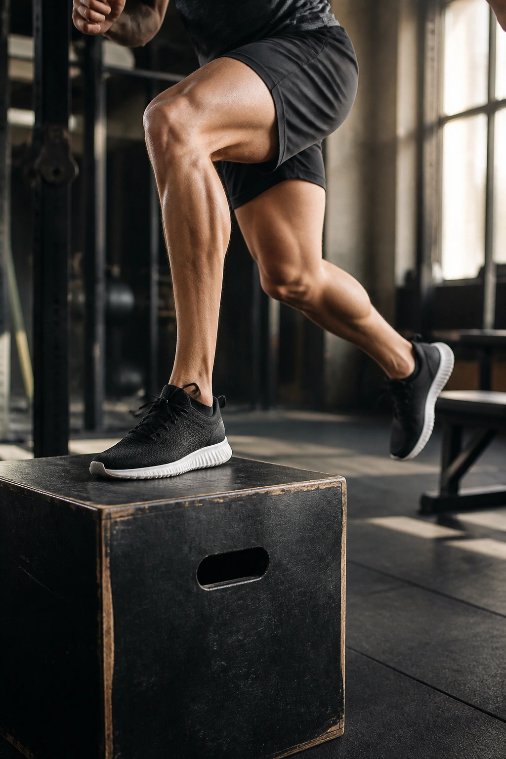 Close-up of athlete performing step-up onto a box in a gym, legs and hips emphasized.