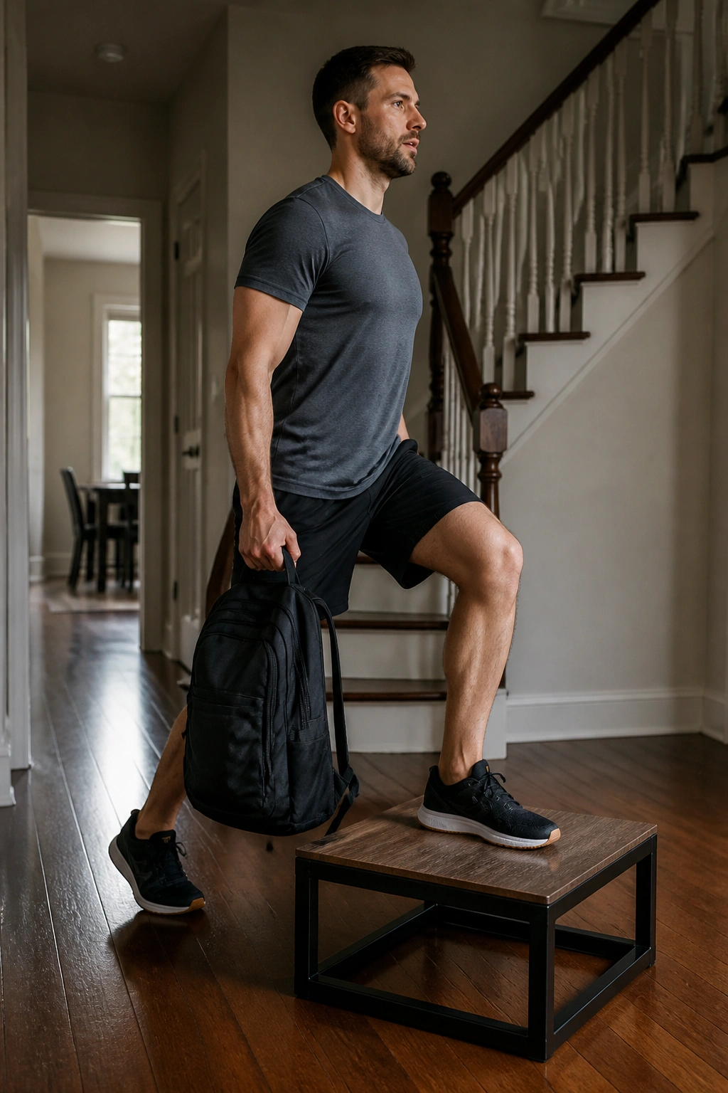 Real person performing step-up with backpack carry in home setting