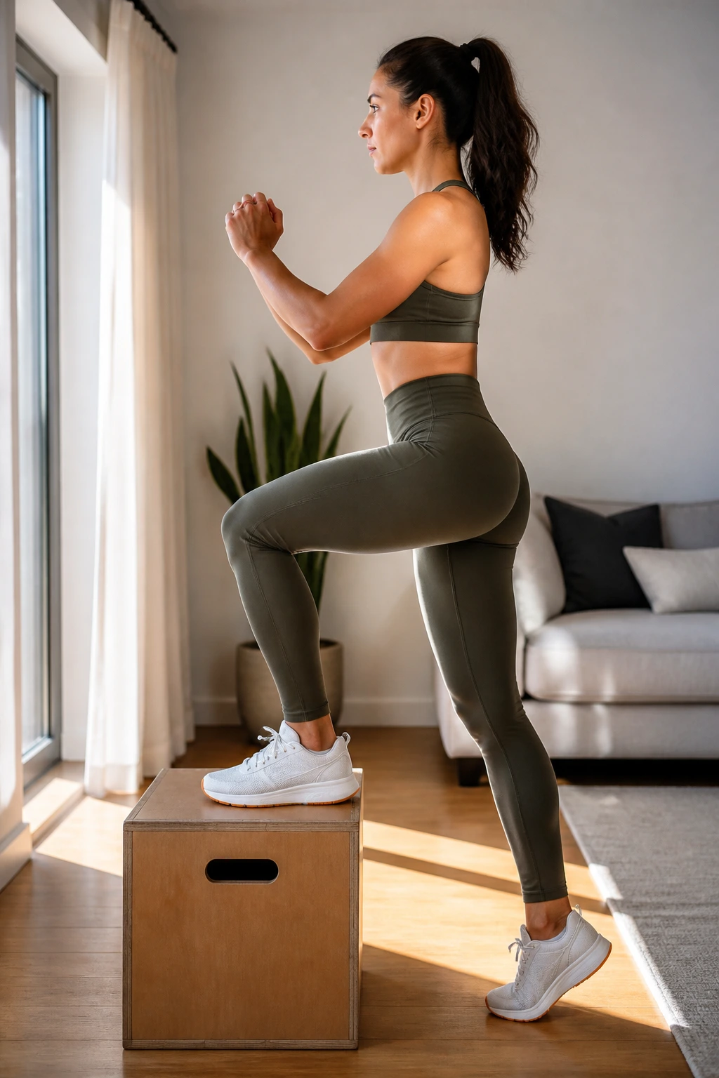 Side profile of a person performing a step-up onto a box at home