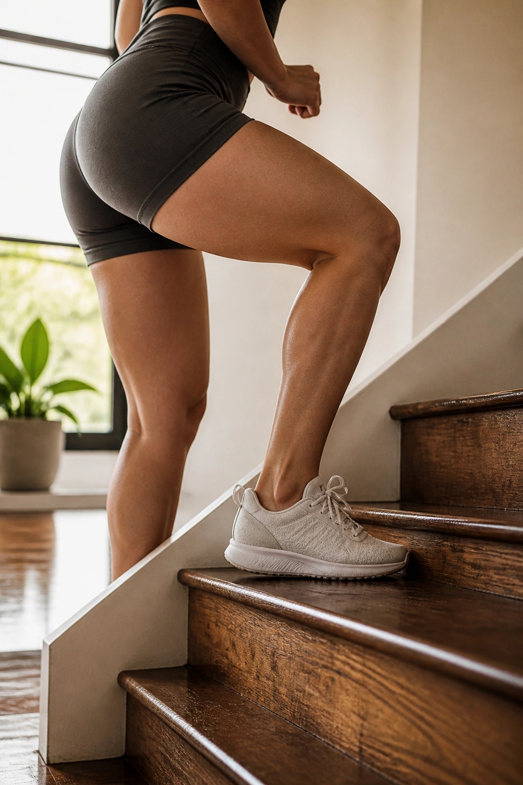 Close-up of the working leg during a step-up on a home stair, highlighting glute engagement