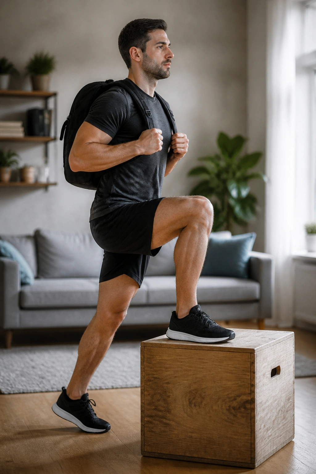 Person performing a step-up onto a box at home