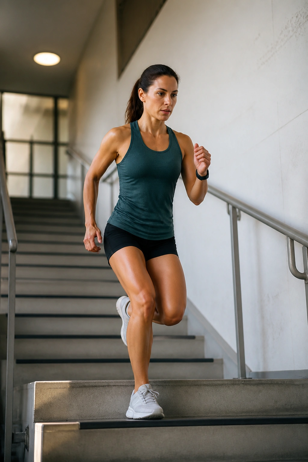 Person performing stair step-ups indoors.