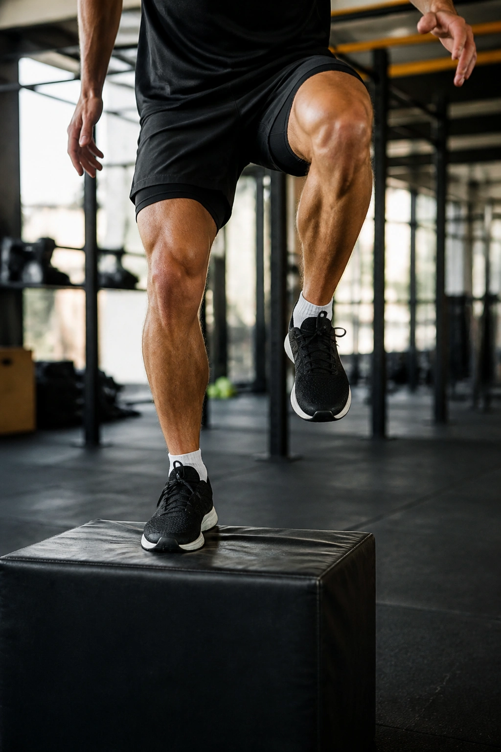 Athlete performing single-leg step-up jump on a box in training space