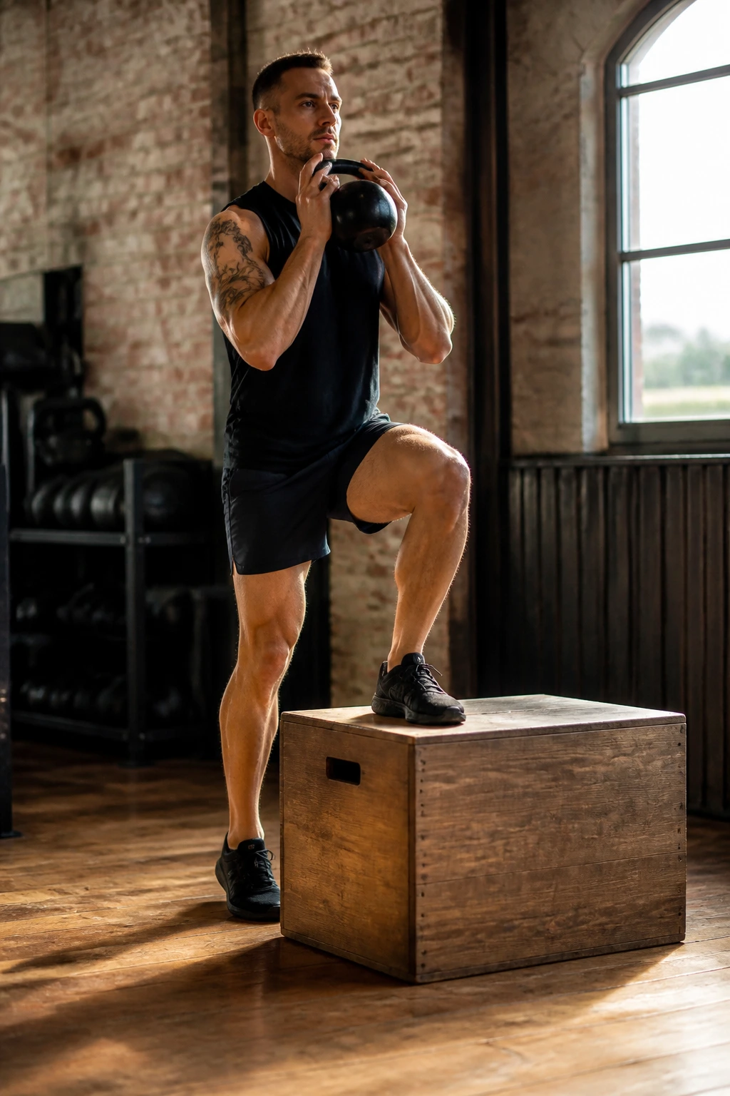 Real person performing step-up with kettlebell on a box in gym