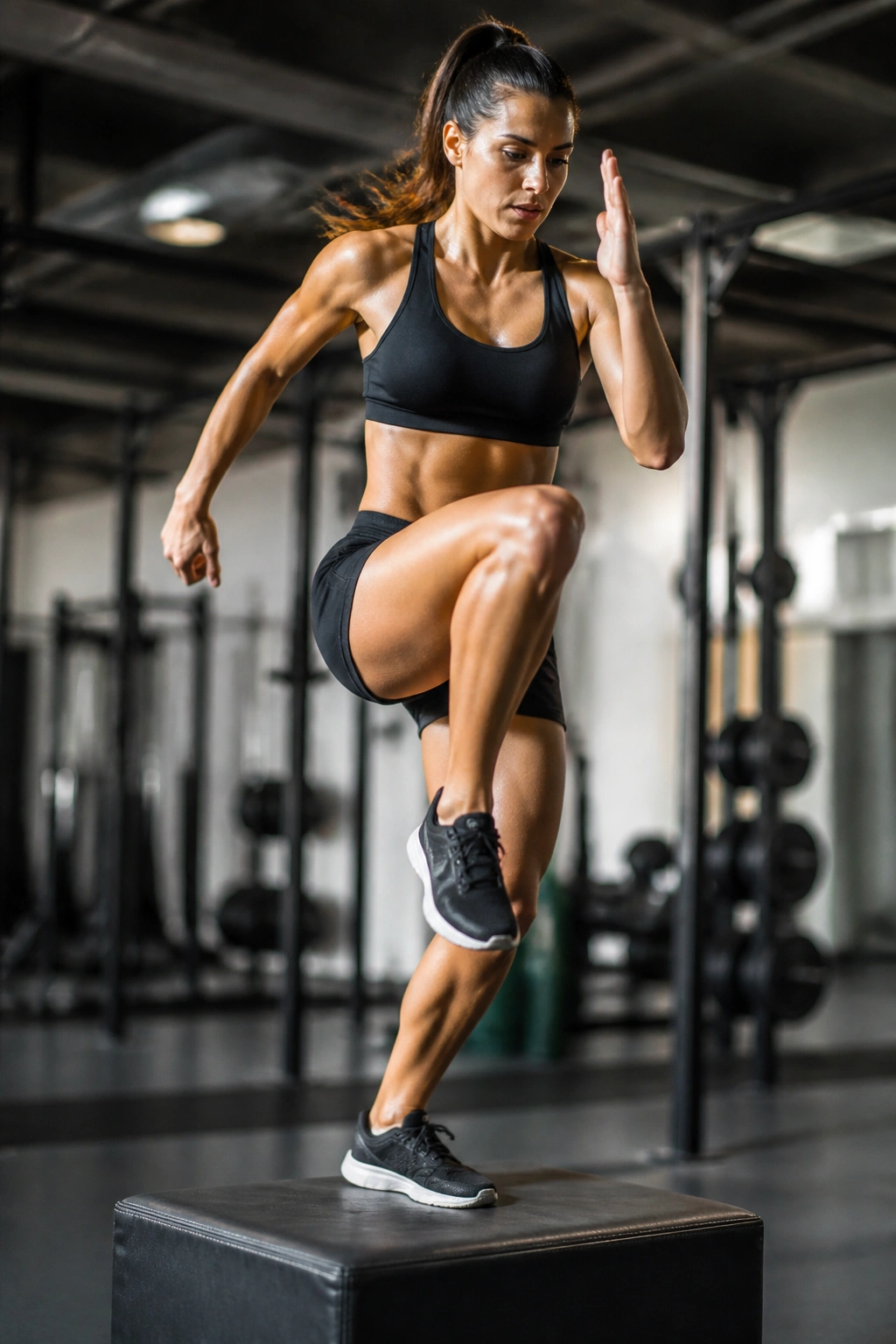 Close-up of athlete performing step-up with knee drive on a box in a gym