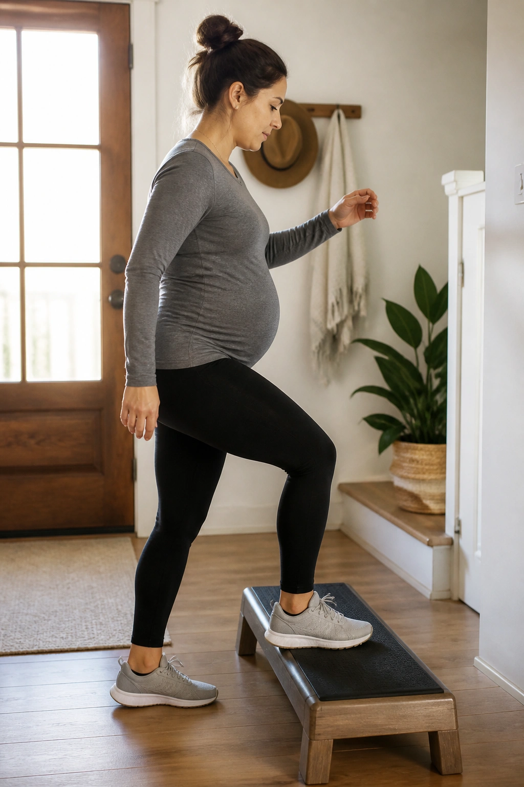 Person performing a low step-up on a small bench at home
