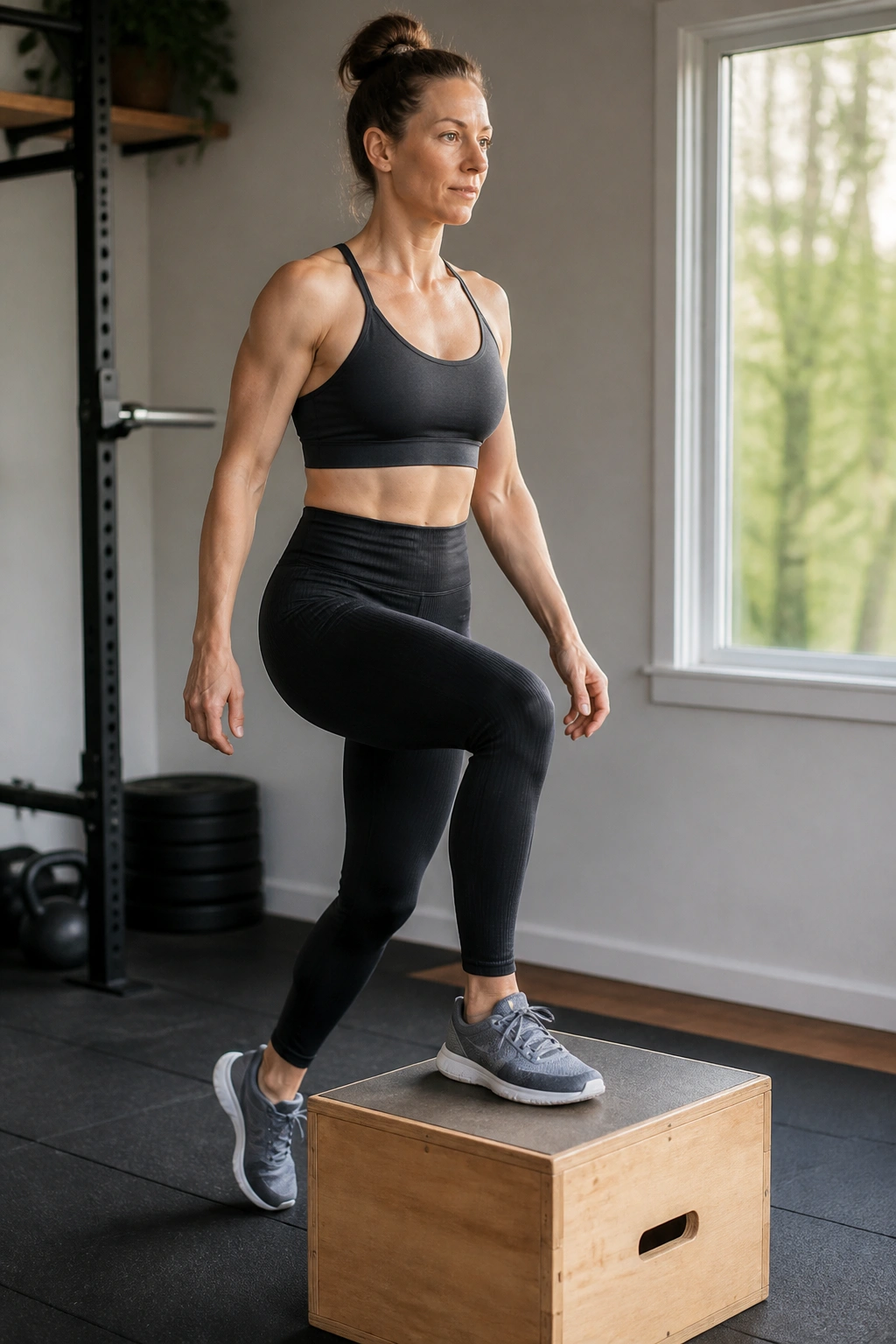 Real person performing step-ups on a low box in a home gym
