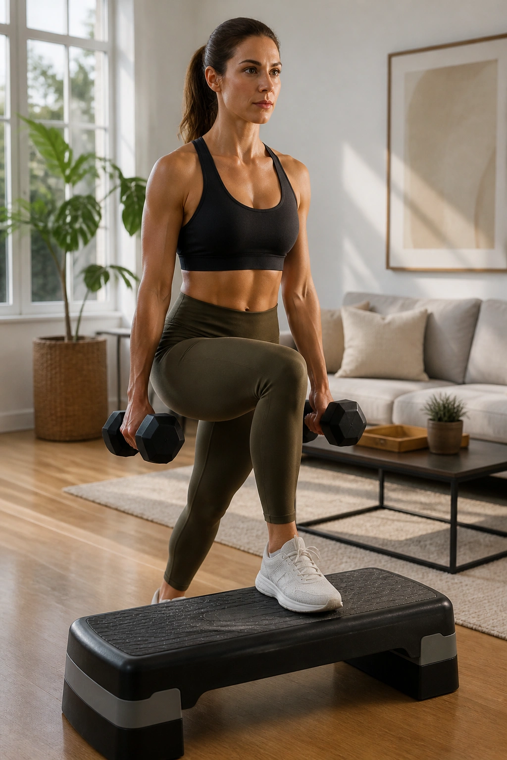 Step-up exercise performed on a low platform in a home setting