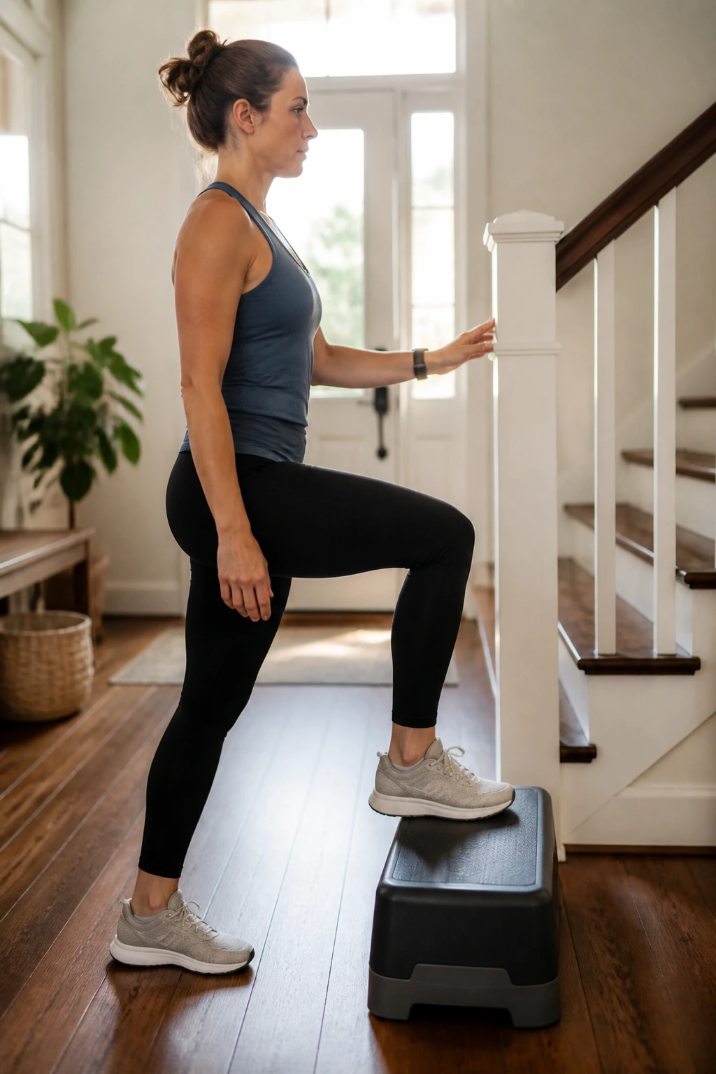 Real mom performing a low step-up on a small step