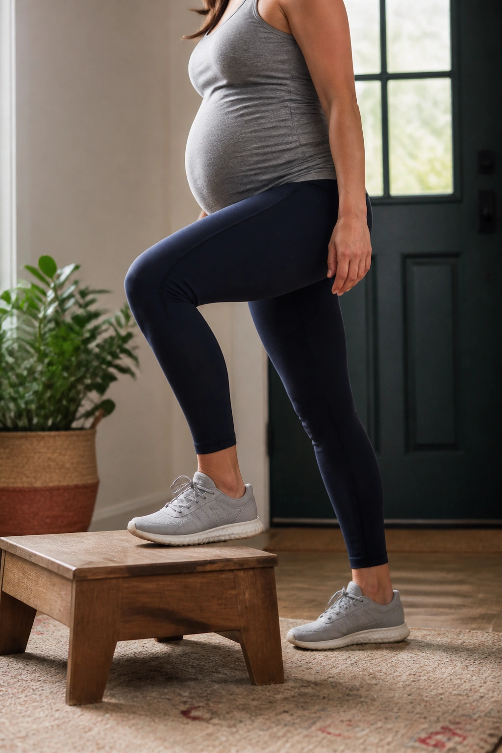 Pregnant woman performing step-ups onto a low platform