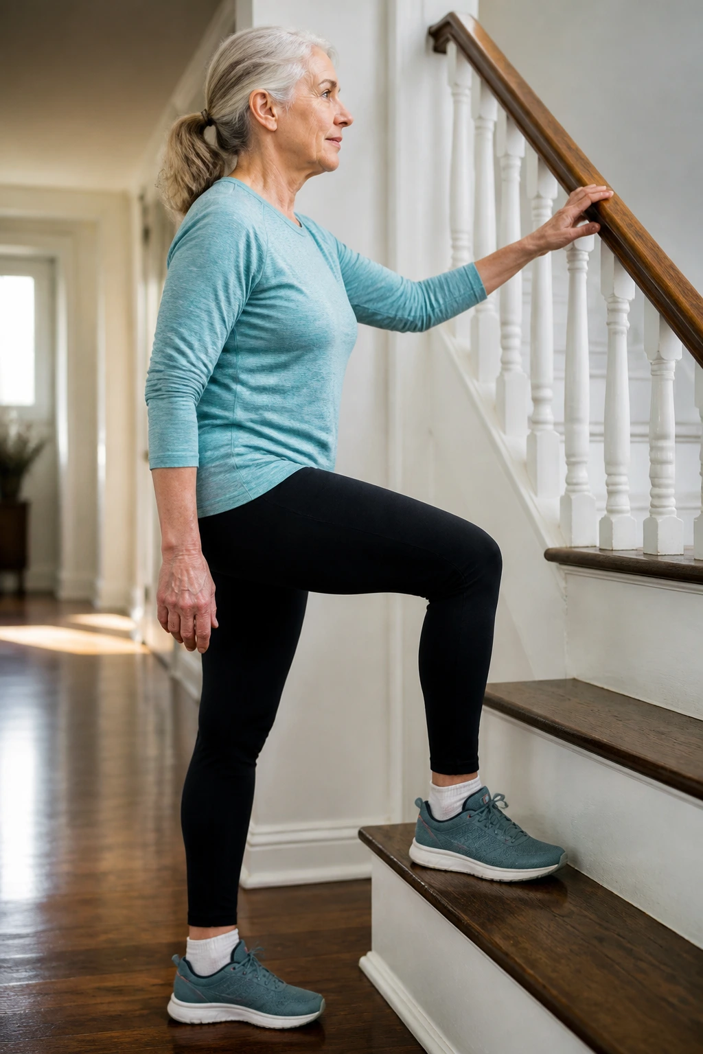 Senior woman stepping onto a low stair