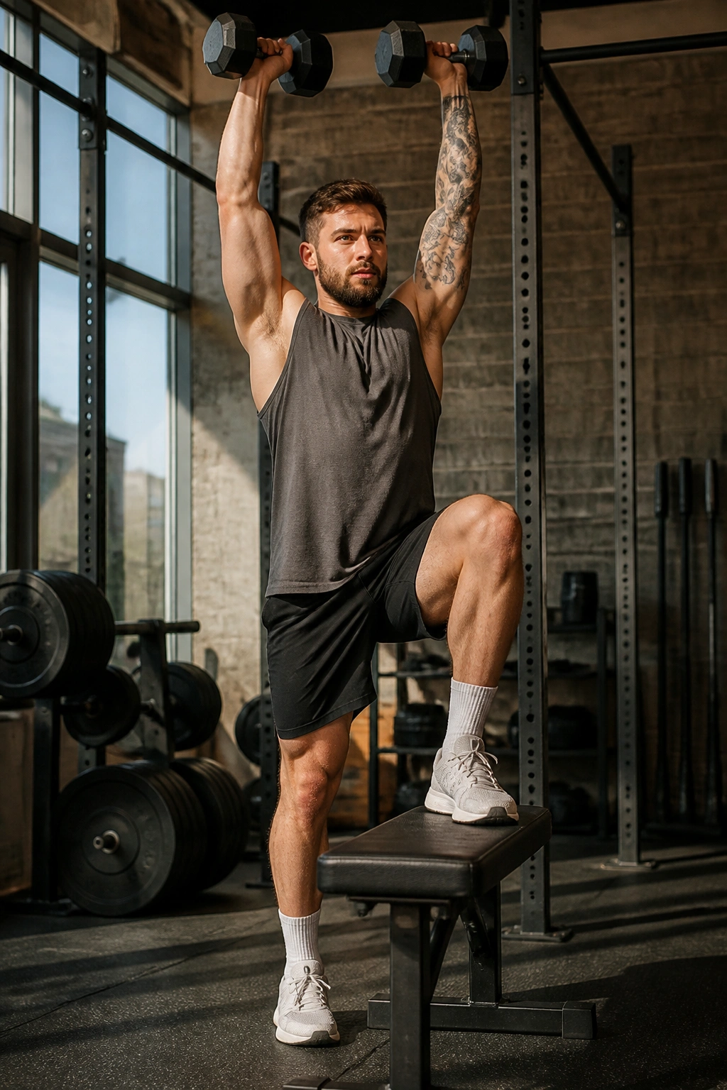 Athlete stepping onto a bench and pressing dumbbells overhead
