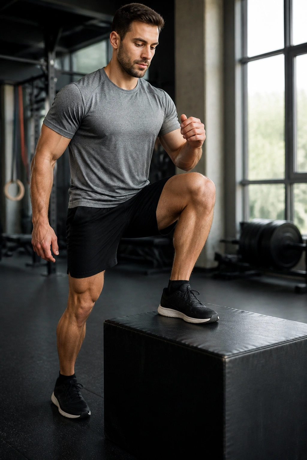 Person performing a single-leg step-up onto a box in a gym setting.