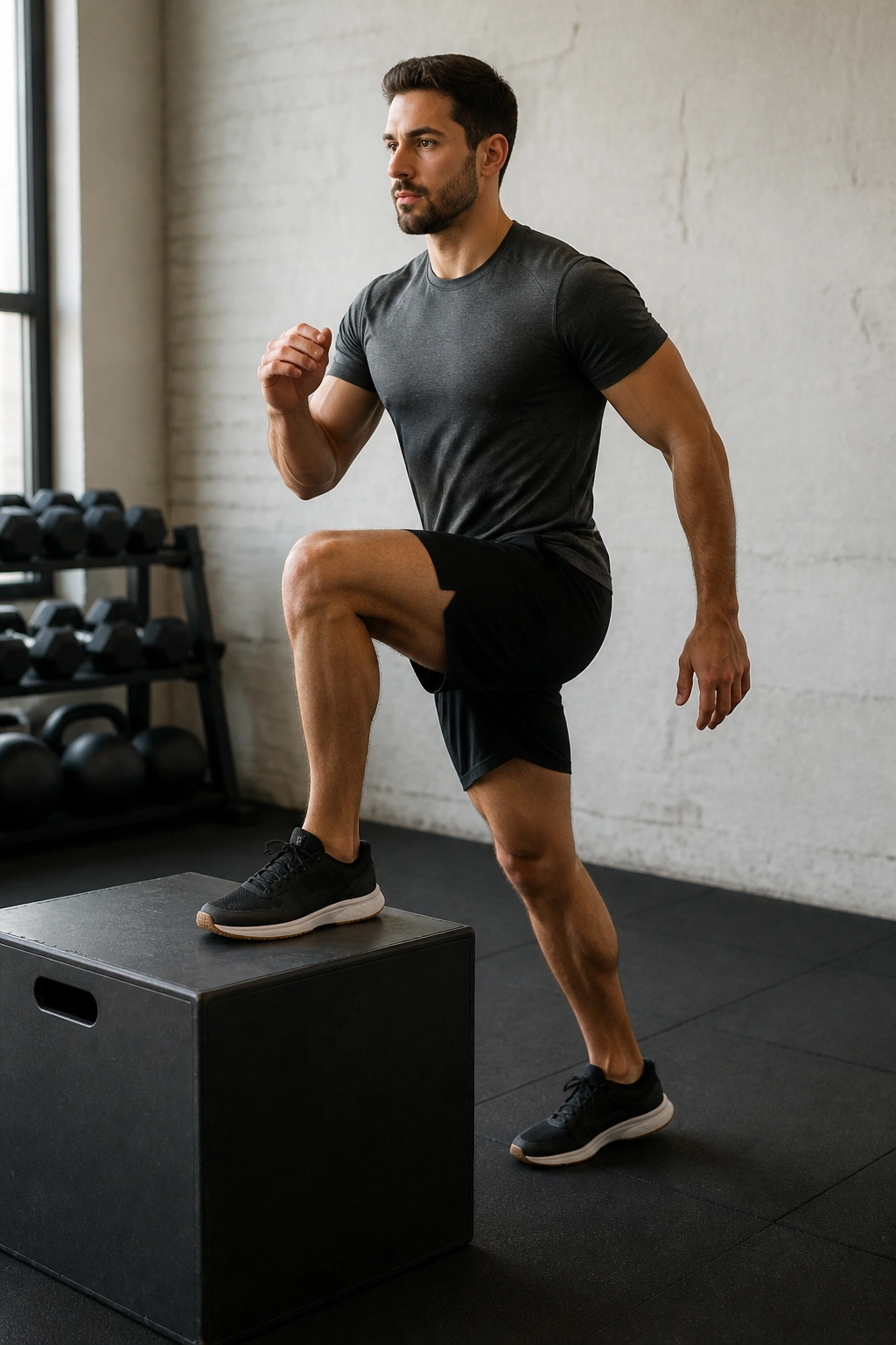 Real person performing a step-up onto a box in the gym