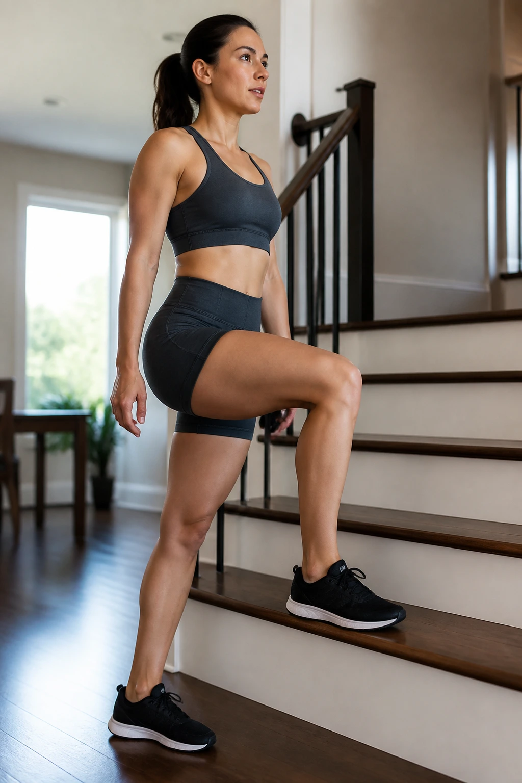 Close-up of a person performing a step-up on a low stair, emphasizing the working leg and upright torso.