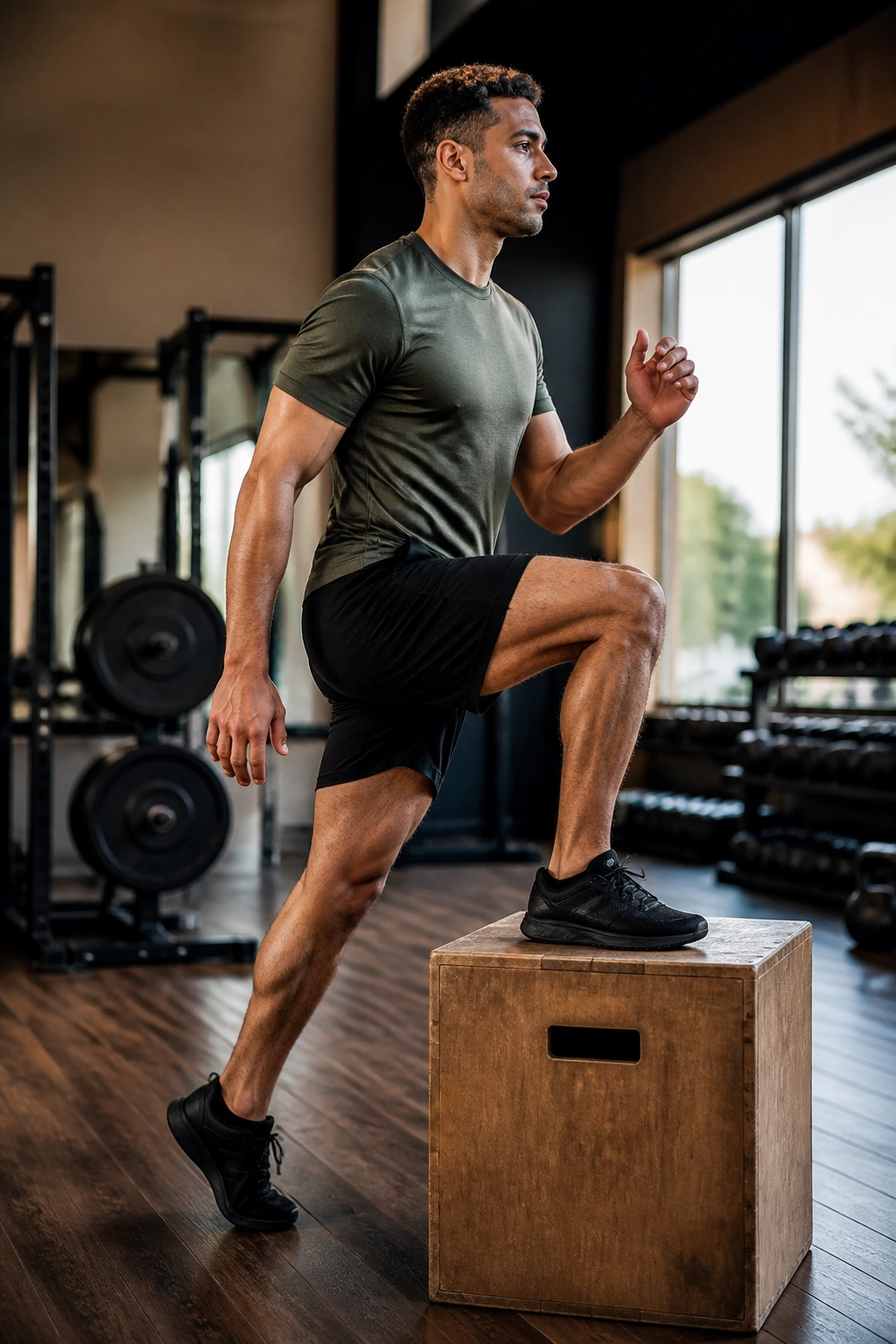 Medium close-up of a person performing a step-up on a box in gym