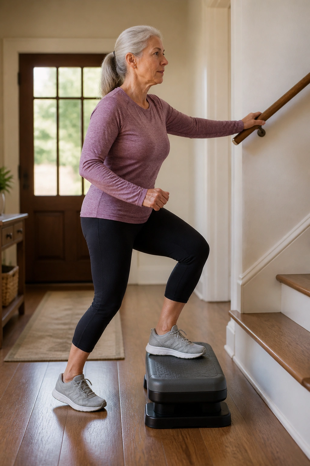 Older adult performing step-ups onto a low step for standing strength