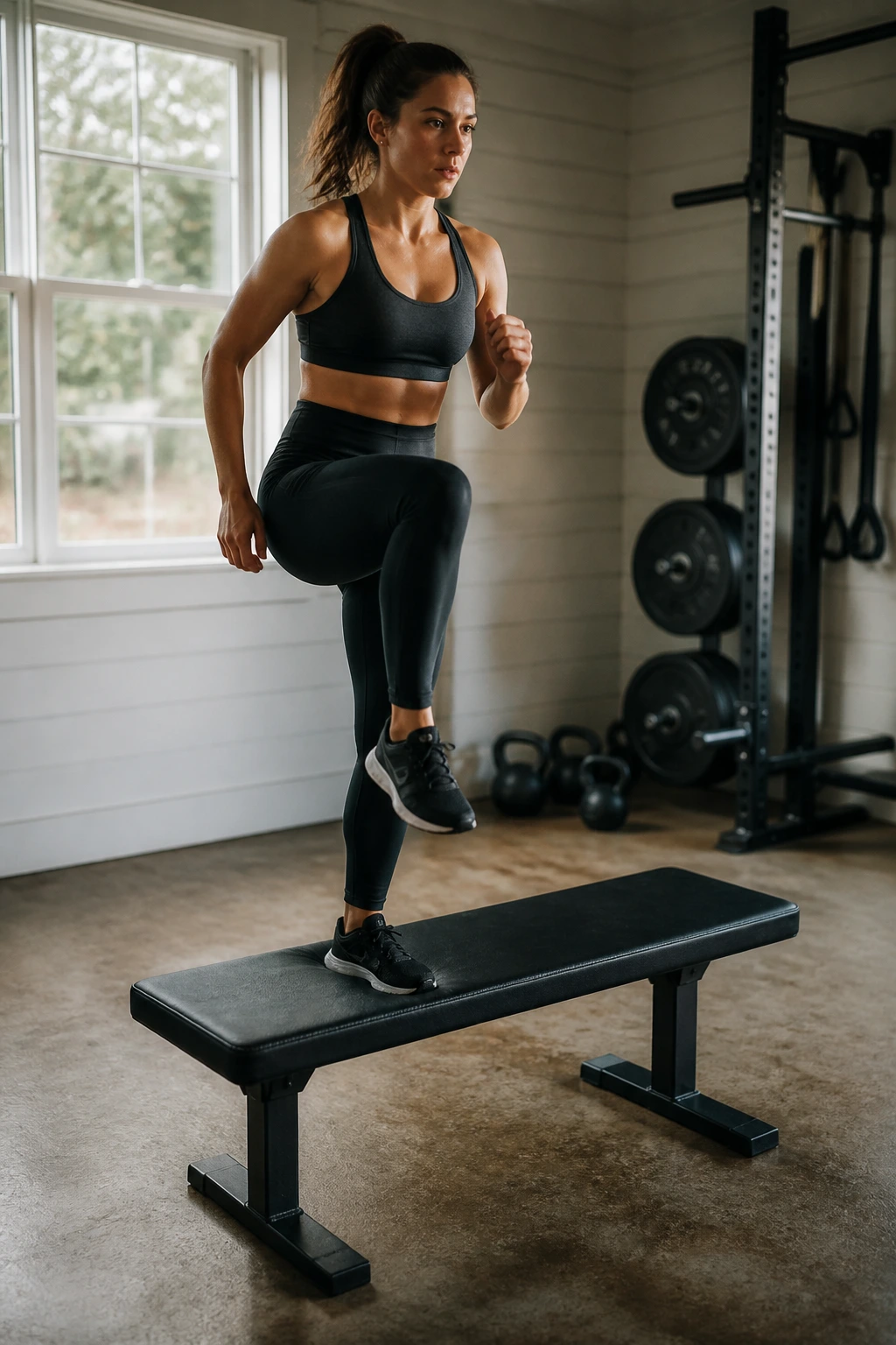 Close-up of a person performing step-ups onto a sturdy bench indoors