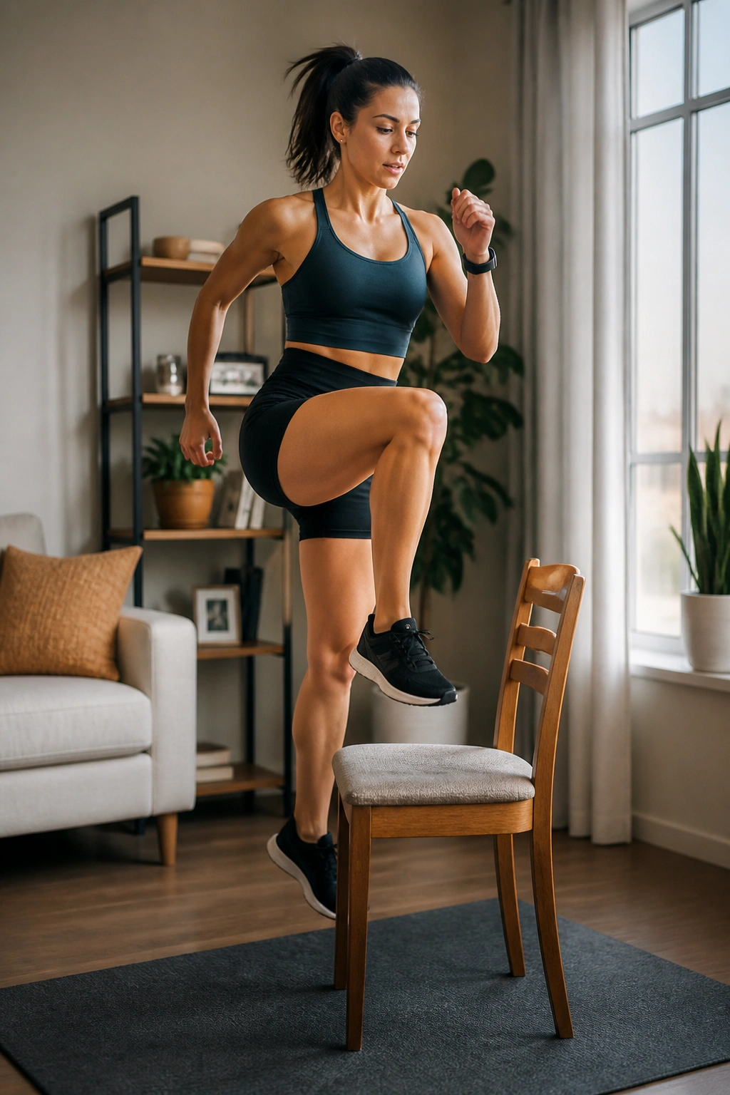 Real person performing step-ups on a sturdy chair in a small living space