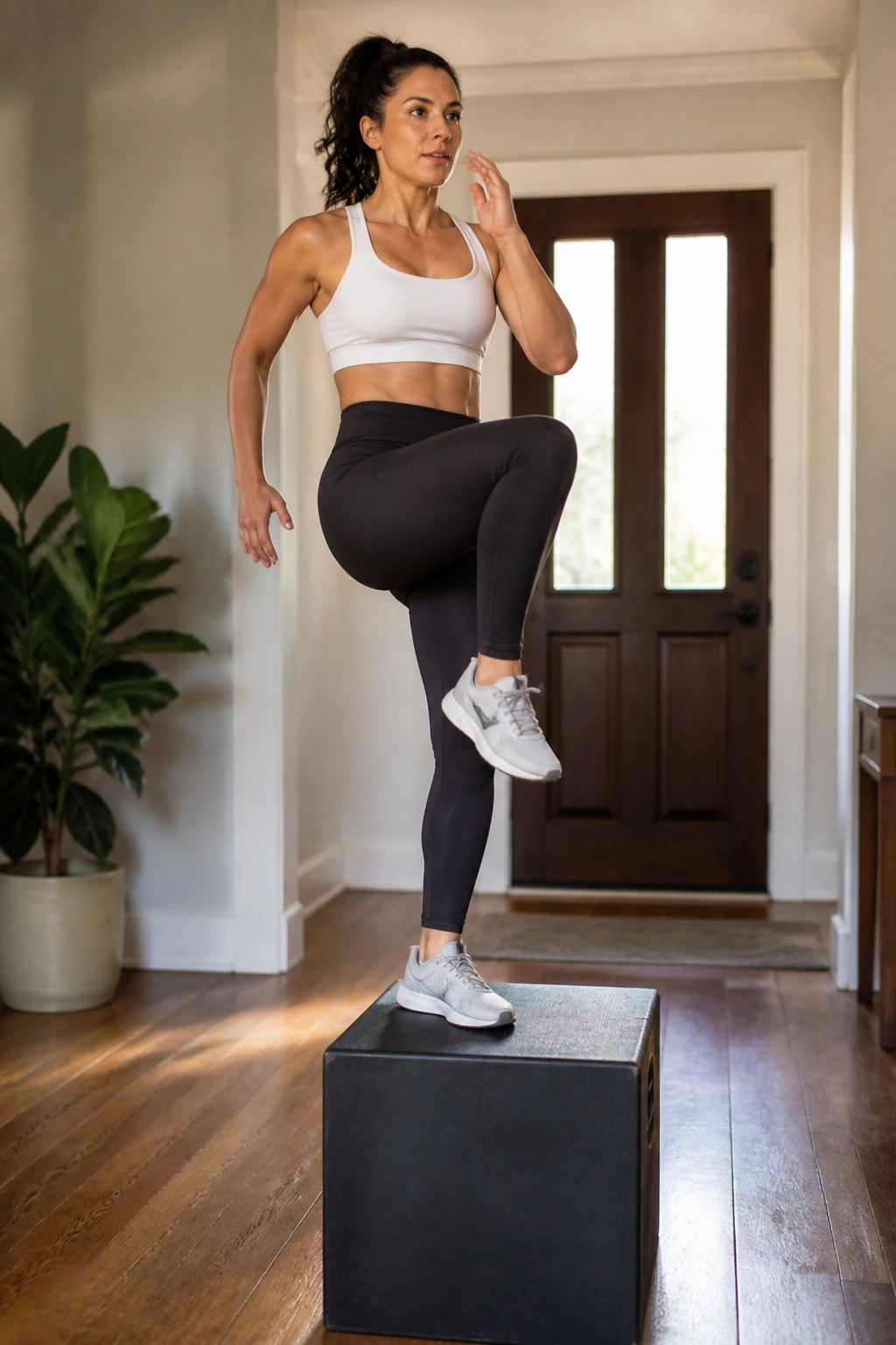 Person performing step-ups onto a sturdy box at home