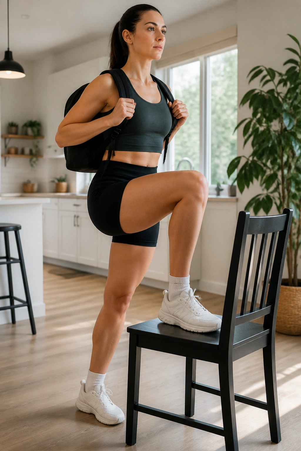 Person performing step-ups on a chair in a home setting