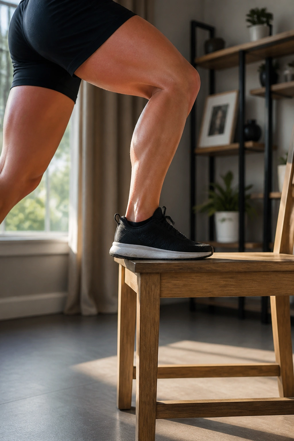 Person performing step-ups onto a chair in a home setting.