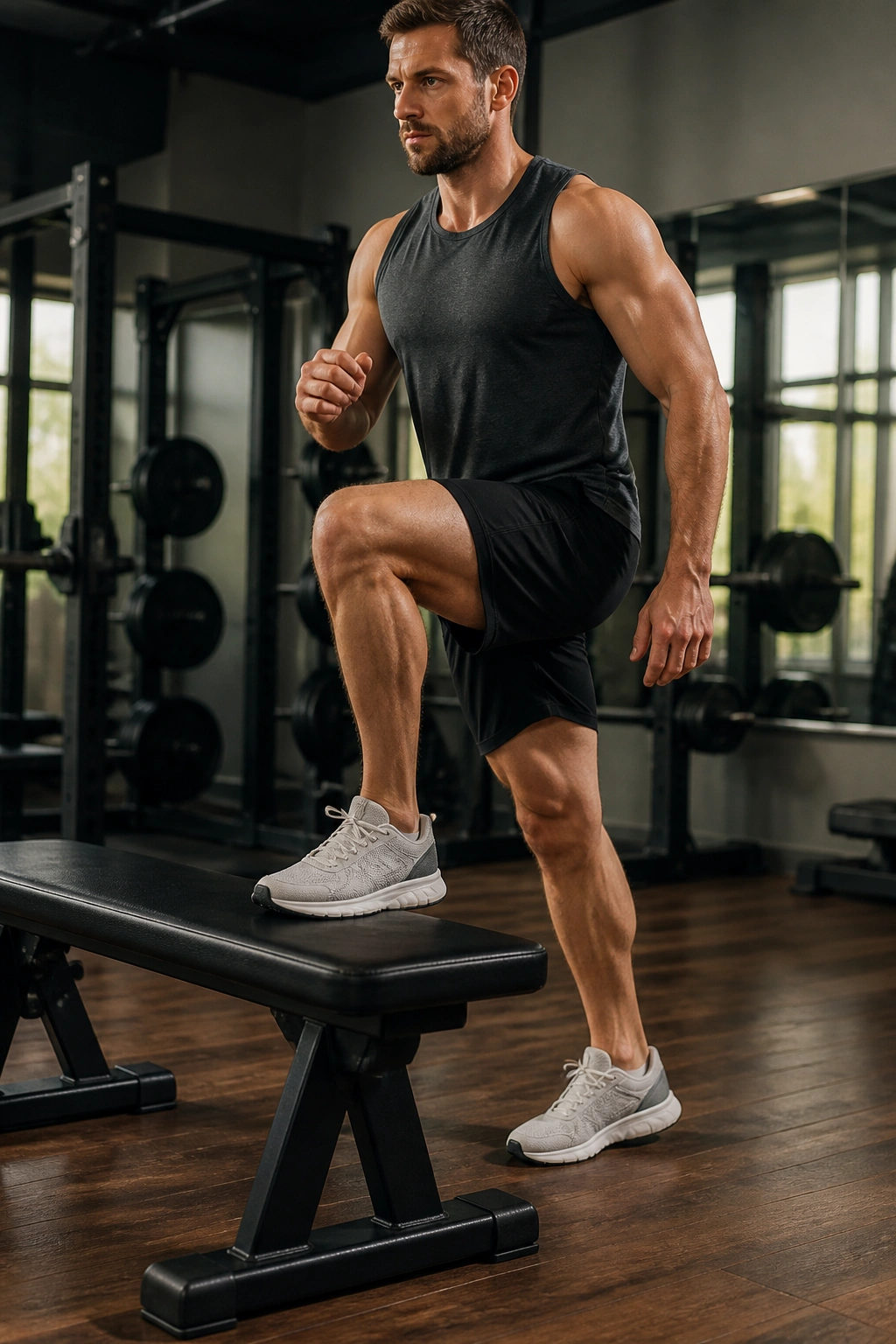 Person performing a step-up onto a bench in gym