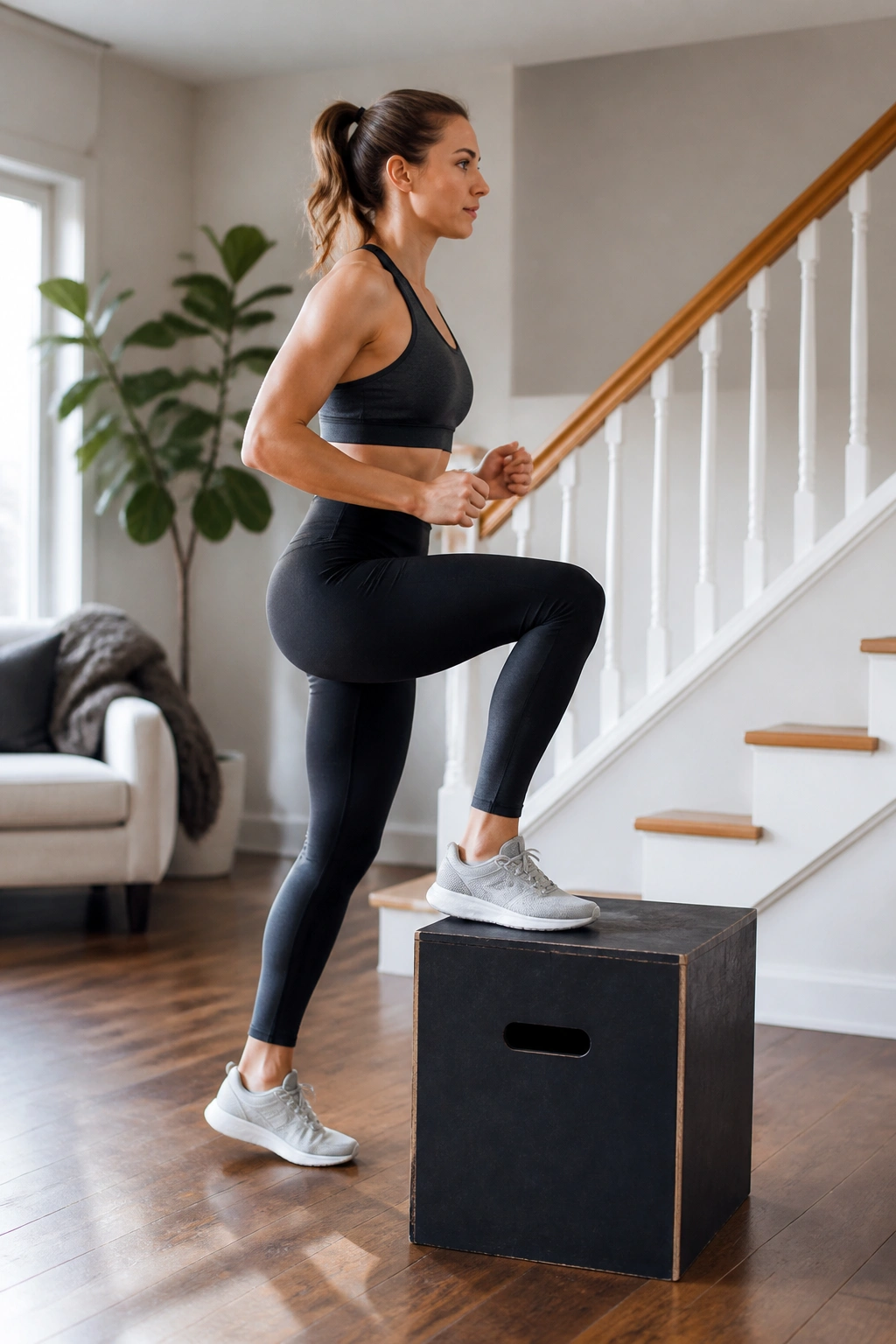 Real person performing a step-up on a sturdy box at home