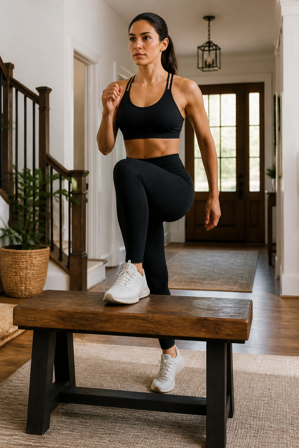 Person performing step-ups onto a bench at home.