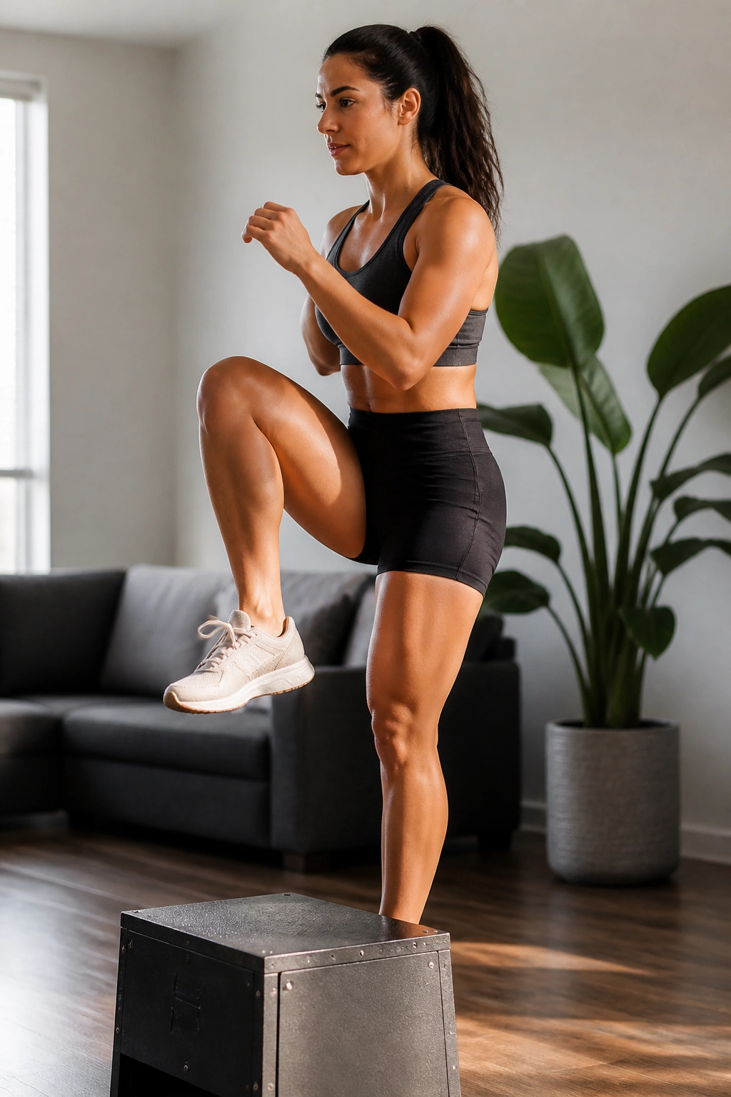 Person performing a controlled step-up with knee drive on a box