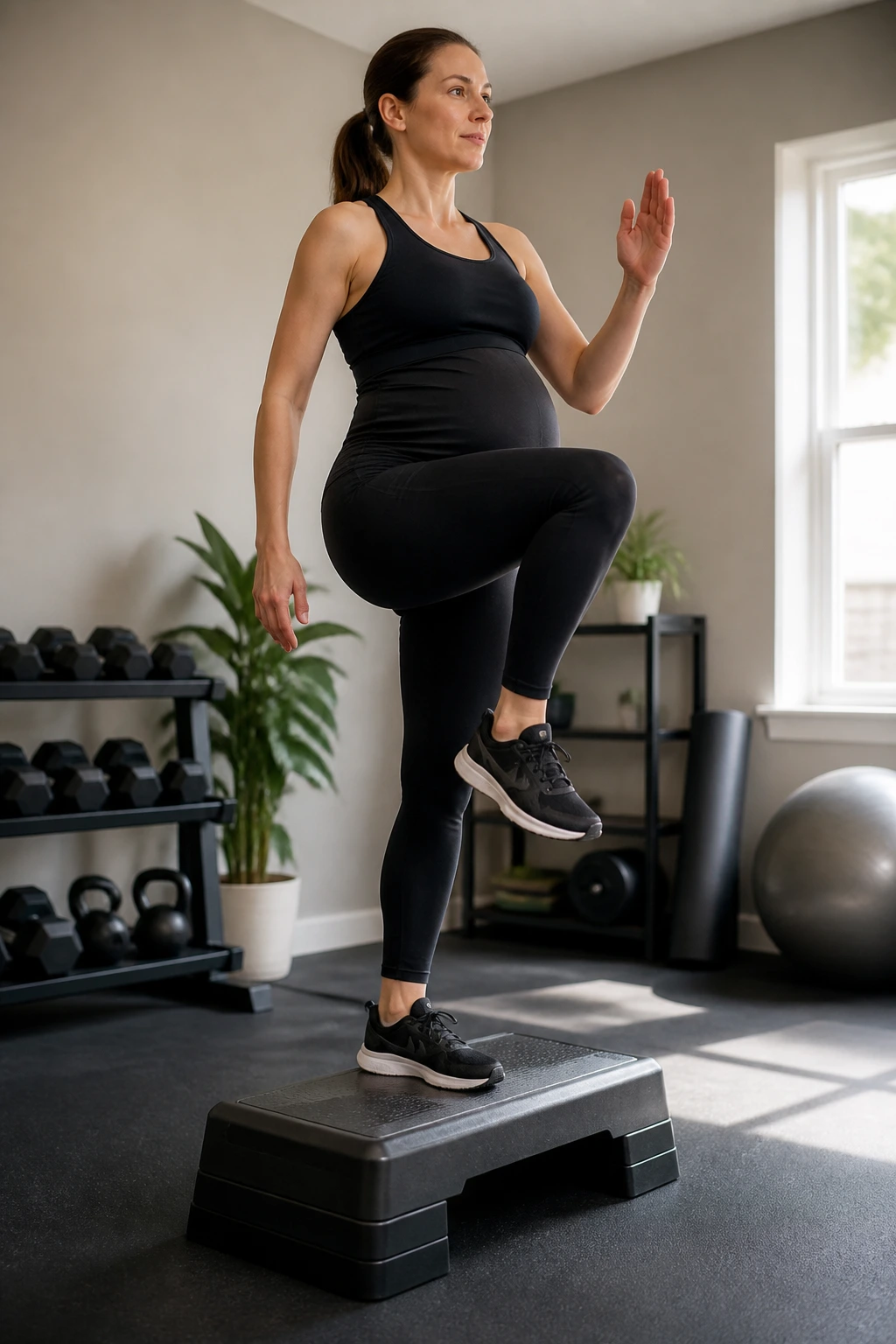Person performing step-ups with knee drive in a home workout space