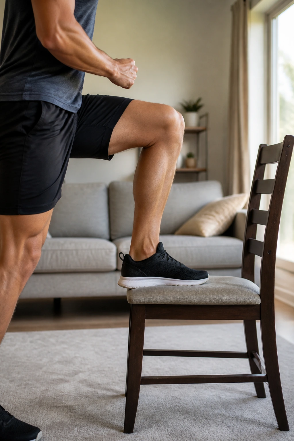 Close-up of leg performing a step-up onto a chair in a bright living room