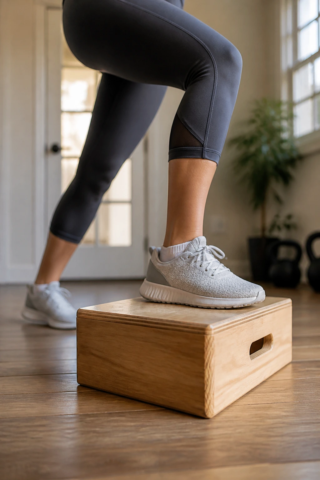 Close-up of a foot stepping onto a very low box for step-ups in a home gym